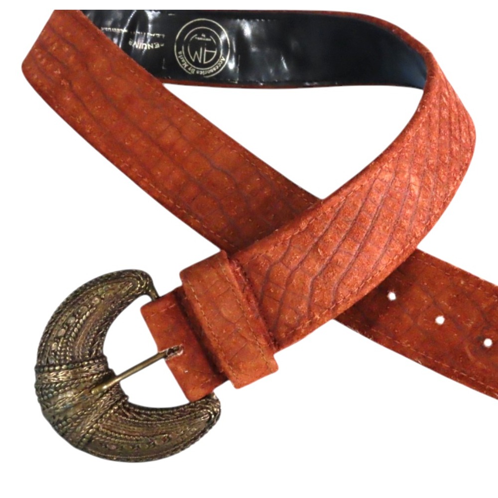 VTG ACCESSORIES-MARLA Brown Suede Leather Belt HEAVY TOOLED BRASS BUCKLE sz S/M